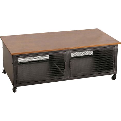 [NEUWERTIG] Couchtisch HHG-030, Sofatisch, Rollen 2 Fächer, 3D-Struktur Industrial Retro Metall Holz 45x120x60cm schwarz, braun