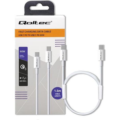 Qoltec USB 2.0 Typ-C-Kabel USB 2.0 Typ C 60 W QC 3.0 PD 1,5 m Weiß (1/5)