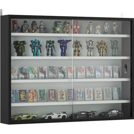 HOMCOM 5-Tier Wall Display Shelf Cabinet with Glass Doors, Black and White