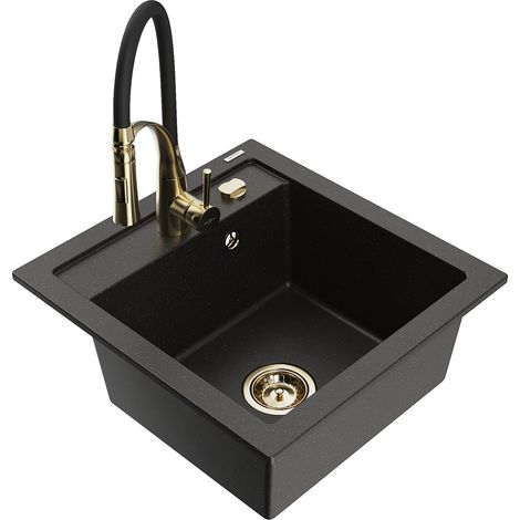 Mexen Vito fregadero de granito de 1 compartimento con grifo de cocina Aster, negro/dorado metálico - 6503-75-73450-57-G (1/5)