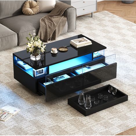 Mesa de centro 90x45x35,5 cm negra con 2 cajones, bandeja extraíble y LED MEUBLIV (1/5)