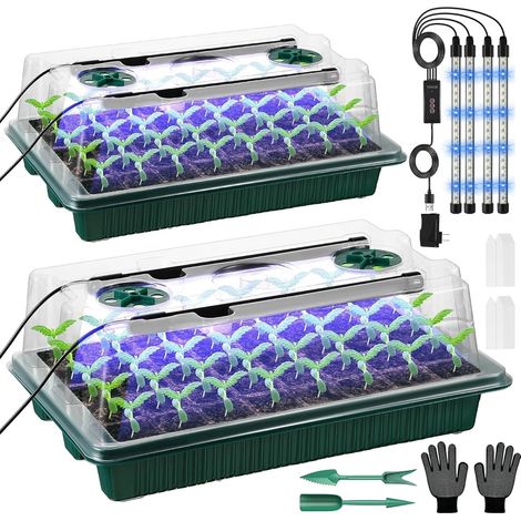 Serre pour Plantes kit,2 Pièces 80Cells Plateau de Semis,Kit de Culture Serre avec LED luminosité réglable,Température et humidité réglables,Avec étiquettes de plantes,outils de jardinage,gants (1/5)