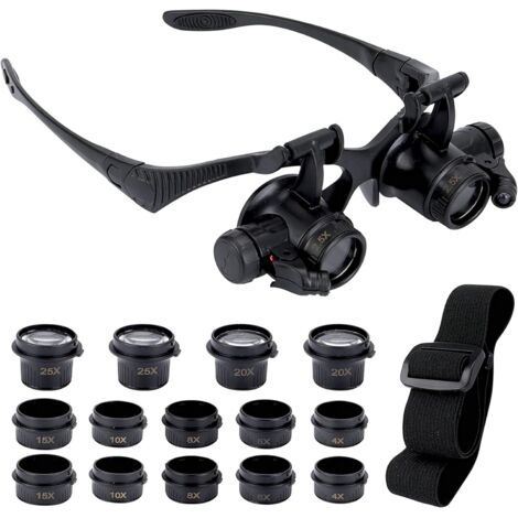 QORVA-Lunettes Loupe avec 2 Lumières LED, 8 Lentilles Détachables, Loupe à Montage sur Tête, Lunettes Loupe Mains Libres pour Réparation, Lecture, Bijoux, Montres (2.5X 4X 6X 8X 10X 15X 20X 25X) (1/5)
