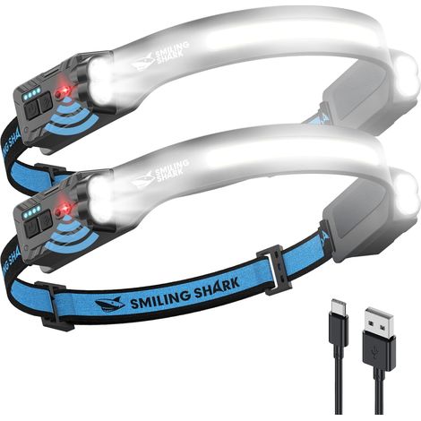Lampe Frontale, Headlamp Rechargeable 2400mAh 2 Paquets Ultra-Lumineuse Lumière Blanche & 2 Lumière Spot Rotatable à 270°, Head Lamp Avec Capteur de Motion pour Randonnée Camping