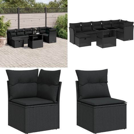 Salon de jardin 8 pcs avec coussins noir résine tressée - Ensemble Salon De Jardin - Mobilier De Jardin - Salon Extérieur - Table Basse Extensible - Chaise Lounge - Home & Living (1/5)
