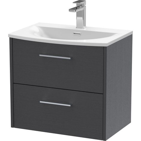 Winshill Contemporary 2 Drawer Wall Hung Vanity Unit with Curved Basin, Woodgrain Dark Grey, 600mm