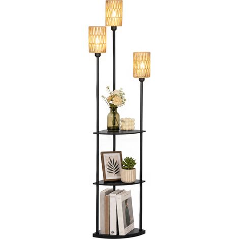 Lampadaire d’angle à 3 lumières avec étagères, style bohème, abat-jour en corde de papier et interrupteur au pied, noir (1/5)