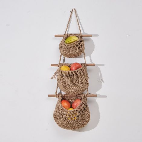 Hängender Obstkorb, Wandkorb im Bohème-Stil, geflochtener Aufbewahrungskorb, geeignet für Küche, Wohnzimmer und Badezimmer.