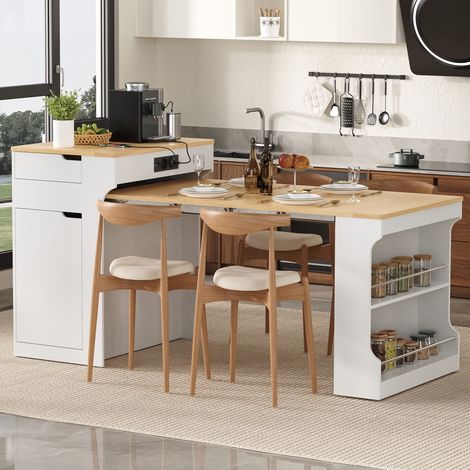 Kücheninsel mit Rollen, Ausziehbarer Esstisch mit Steckdosenleisten und zwei Schubladen, dient als Kücheninsel, Sideboard oder Anrichte für Küche und Esszimmer (Weiß) (1/5)
