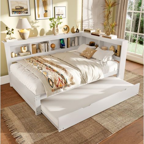 Lit banquette moderne 140x200 cm blanc en pin et MDF avec lit gigogne, 2 tiroirs, prises USB et sommier à lattes (1/5)