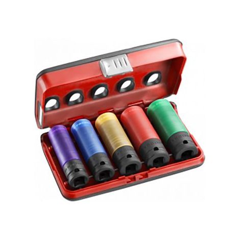 Facom – Coffret de 5 douilles longues à chocs 1/2" renforcées – Tailles 15-17-19-21-22 mm – Chemise en téflon pour jantes alliages – Résistance accrue