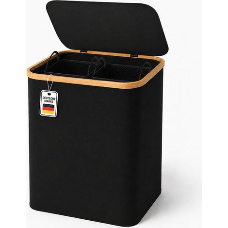 Roxlin Wäschekorb XXL 150L Bambus faltbar Deckel 2 Fächer Sortierer - Schwarz (1/4)