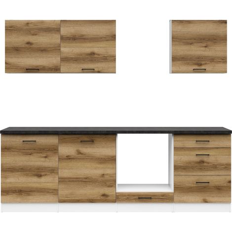 Cuisine complète 240 cm,Ensemble de meuble de cuisine coloris Blanc / Chêne Delano , plan de travail coloris Ardoise métallisée noir-or (1/5)
