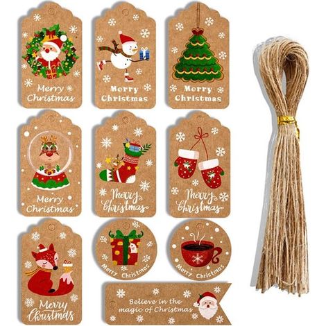 Étiquettes cadeaux de Noël - 50 feuilles avec 10 motifs. Étiquettes de Noël en papier kraft avec 50 ficelles de jute pour cadeaux et décorations de sa
