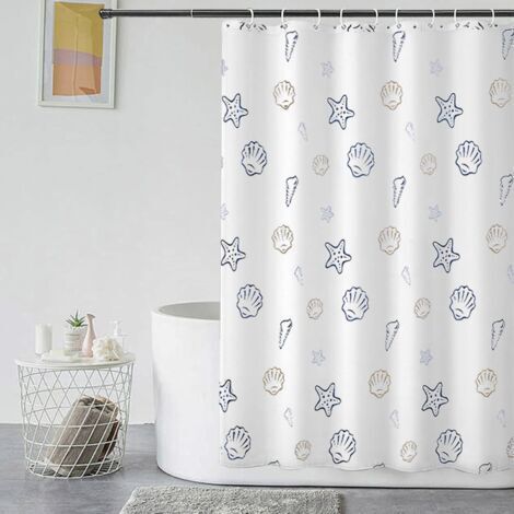Rideau De Douche Imperméable 180x200 cm,Ensemble De Rideaux De Douche Lavables avec 12 Crochets, Rideau De Douche en Tissu en Polyester, Motif Blanc Sea World pour Salle De Bain