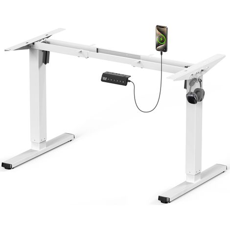 Bureau électrique réglable en hauteur avec 2 moteurs puissants, cadre de bureau réglable en hauteur avec port USB-C, fonction anti-collision et commande de mémoire, blanc (1/5)