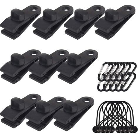 Lot de 10 Clips de bâche Support de bâche pour extérieur avec Attache en Toile et Cordon élastique + Mousqueton en Forme de D pour bâches, auvents, Camping, Caravane, couvertures de Voiture (1/5)