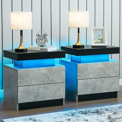 Cubehom Lot de 2 table de Chevet avec 2 tiroirs et 16 Couleurs LED, 2 tiroirs Table de Chevet pour Salon, Chambre à Coucher,Noir Gris (1/5)