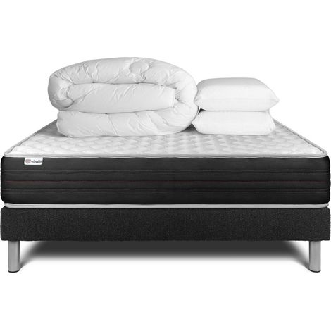 Komplettpaket Bett - Matratze 140x190 cm + Boxspringbett mit Lattenrost (im Set) + 2 Kopfkissen + Bettdecke - Vitalmemo One