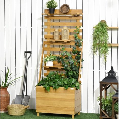 Jardinera elevada 63x39x160 cm marrón de madera con enrejado y 3 estantes (1/5)