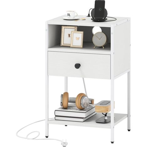 COSTWAY Comodino con Stazione di Ricarica, Comò in Stile Industriale con Scomparto Aperto, Cassetto e Ripiano Inferiore, Tavolino da Divano Compatto per Camera da Letto e Soggiorno (Bianco,1) (1/5)