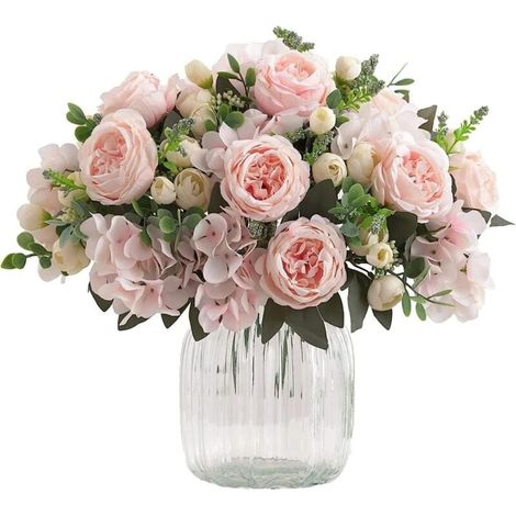 4 bouquets de fleurs d'hortensia pivoines blanches artificielles, peuvent être utilisés pour la décoration du salon ou de la maison, (1/4)