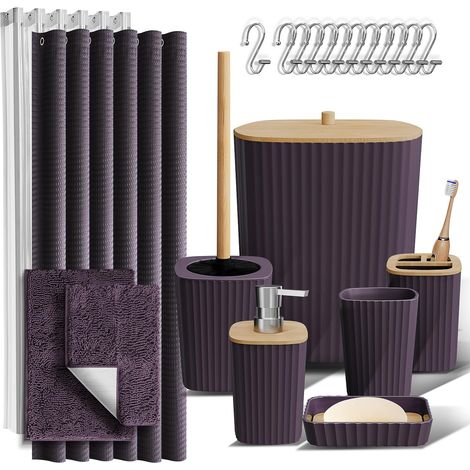 Ensemble de 22 Accessoires de Salle de Bain constitué des Rideaux de Douche et Tapis, Poubelle de Salle de Bain, Violet (1/5)