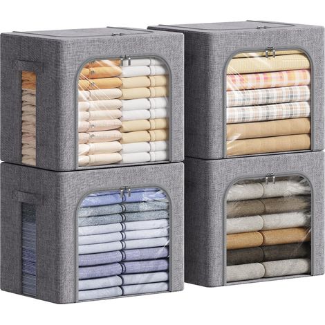 Sac de Rangement Robuste avec Cadre en Métal, Boite Rangement Vetement Pliable, Organisateur Placard, Housse Rangement, Caisse avec Couvercle pour Couvertures, Gris Clair, 40 L, Lot de 4 (1/5)