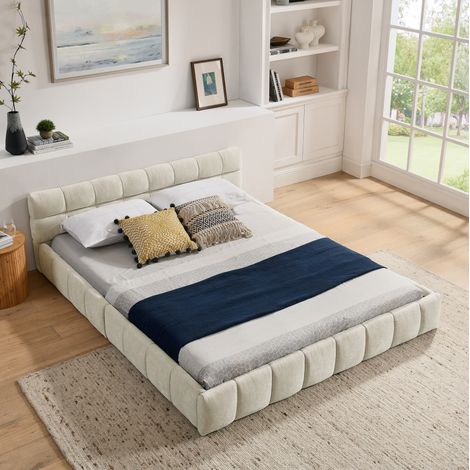 lit double adulte 160x200 capitonné chenille beige OKMYHOME (1/5)