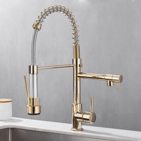 Petites Ecrevisses – Robinet mitigeur cuisine extractible 2 jets – Bec pivotant 360° – Finition dorée – Installation facile – Eau chaude et froide (1/5)
