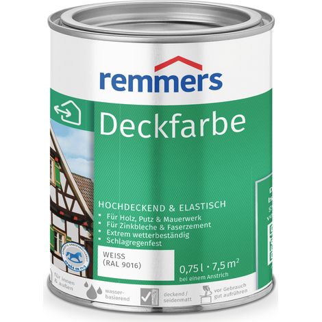 Remmers Deckfarbe weiß (RAL 9016), 0,75 Liter, Deckfarbe für innen und außen, Wetterschutzfarbe viele Untergründe, hochdeckend, wetterfest