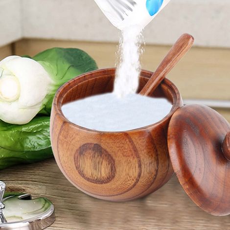 Pot à épices en bois massif (1 pièce), avec cuillère et couvercle, pour la cuisine. (1/5)