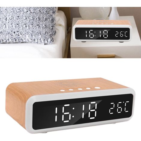 Wecker mit Nachtlicht und kabellosem Ladegerät, Wecker mit Nachttischlampe und kabellosem Ladegerät, 15-W-Weckerladegerät, natürliche Holzfarbe. (1/5)