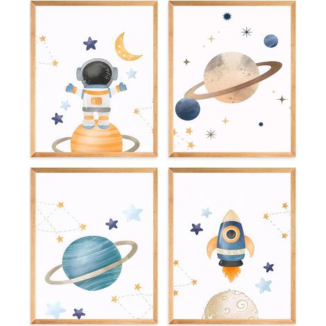 4Pcs Affiches d'art mural sur l'espace, Images de cosmonaute, fusée et planète pour chambre de garçonnet 8x10 pouces sans cadre (1/5)