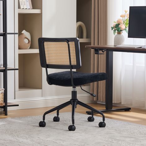 Chaise de Bureau Vintage en Rotin avec Roulettes - Fauteuil Pivotant Réglable, Assise en Tissu Chenille, Cadre en Bois pour Bureau, Salon, Salle d'Étude - Noir (1/5)