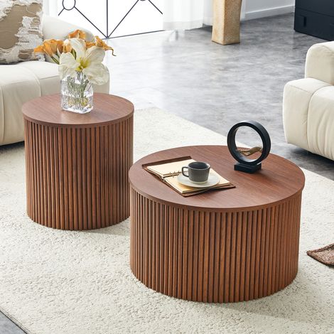 REDOM Set di 2 tavolini da salotto impilabili, contenitore integrato, design colonna romana, MDF, finitura noce (1/5)