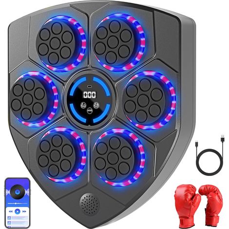 Machine de Boxe Musicale Améliorée pour Adultes et Enfants, Entraîneur de Frappe Mural Bluetooth avec Gants, Équipement d'Entraînement de Boxe à LED Couleurée, 9 Modes et 9 Vitesses pour Domicile, Bur (1/5)