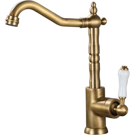 Robinet de Cuisine Antique,Mitigeur Robinet de Cuisine en Laiton,Rétro Robinetterie de Lavabo Salle de Bain,Rotatif à 360 °,Mitigeur Chaud et Froid (Laiton Vieilli)