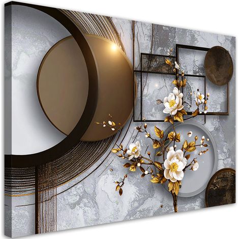 Toile Imprimée, Formes abstraites gris-brun fleurs feuilles,30x20 (1/4)