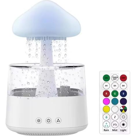 Regenwolken-Luftbefeuchter, Diffusor für ätherische Öle, wunderschönes 7-farbiges Pilz-Nachtlicht, Tischbrunnen, Audio-Tropfschlauch (weiß + Fernbedienung)
