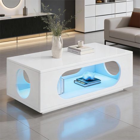 Table basse LED 100x50x35 cm avec rangement et contrôle par application, table d’appoint ajourée finition brillante, MDF, blanc (1/5)