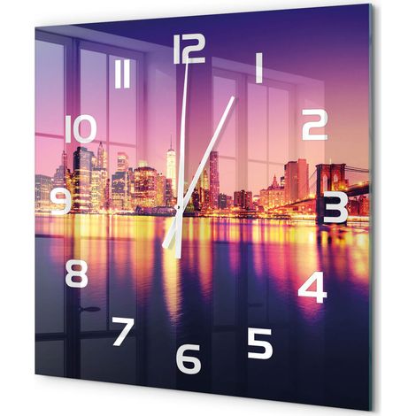 Grande Horloge Murale Carrée en Verre Chiffres Lisibles Silencieuse et Moderne Manhattan, New York 60x60 cm (1/5)