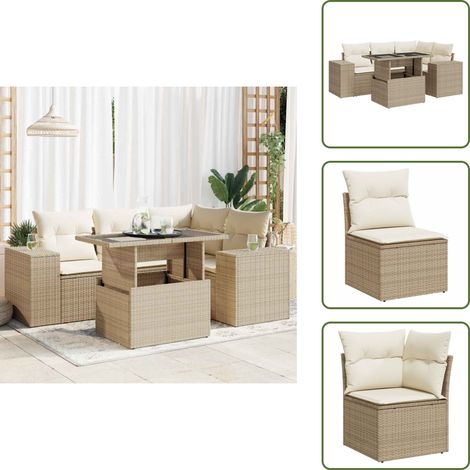5-tlg. Garten-Sofagarnitur mit Kissen Beige Poly Rattan - Garten Sofagarnitur - Garten Sofagarnituren - Outdoor Sofagarnitur - Sofagarnitur Terrasse (1/5)