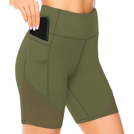 Short de yoga taille haute en maille pour femme avec poches profondes, short cycliste de sport pour femme (1/5)