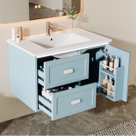 Mueble de baño con lavabo 76 x 46 x 51 cm, LED con sensor radar, 2 cajones, azul DESVIAE (1/5)