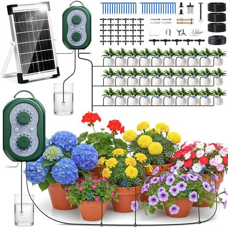 Kit Arrosage Automatique Solaire pour Jardin, Systeme D'irrigation Goutte à Goutte pour 30 Plantes les Vacances avec Minuterie+Tuyau de 35M, Systeme Arrosage Automatique pour Jardin,Plantes de Balcon (1/5)