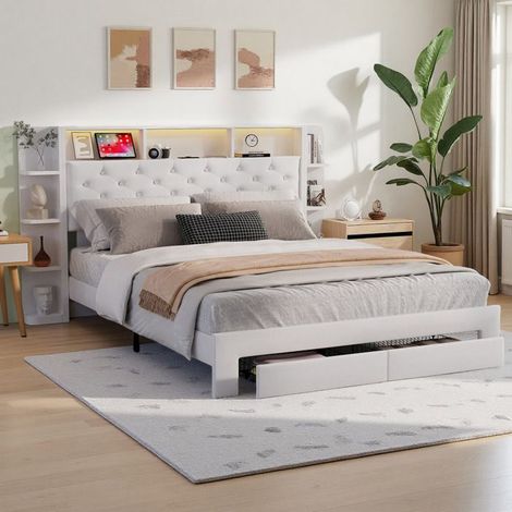 Bett 160x200 cm - 250210HXF - USB - LED - Stauraum - Samt - Bettgestell für Erwachsene 160x200 cm - weiß