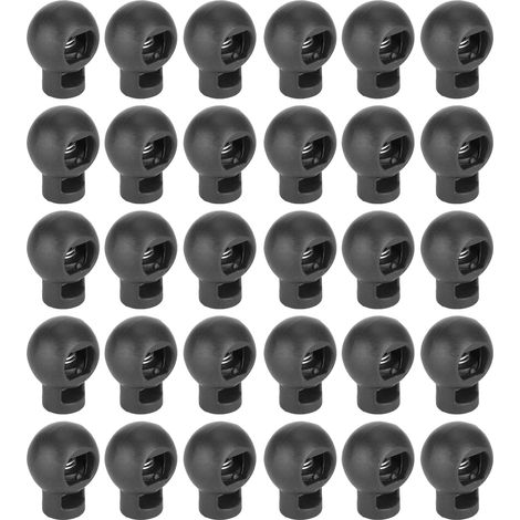 300 pièces verrous de cordon à bille trou unique en plastique noir, clips à ressort pour accessoires de bagages, forme ronde. (1/5)