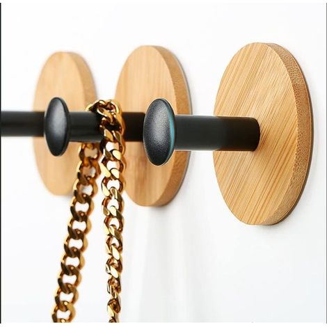 Set di 4 ganci creativi in legno massello senza foratura, ganci per vestiti da ingresso, gancio singolo rotondo nero (1/4)