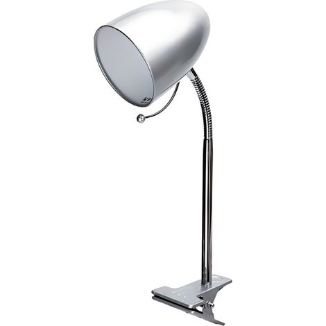 Lampe de table avec pince en métal argenté, col flexible, culot E27 (ampoule non incluse). (1/3)